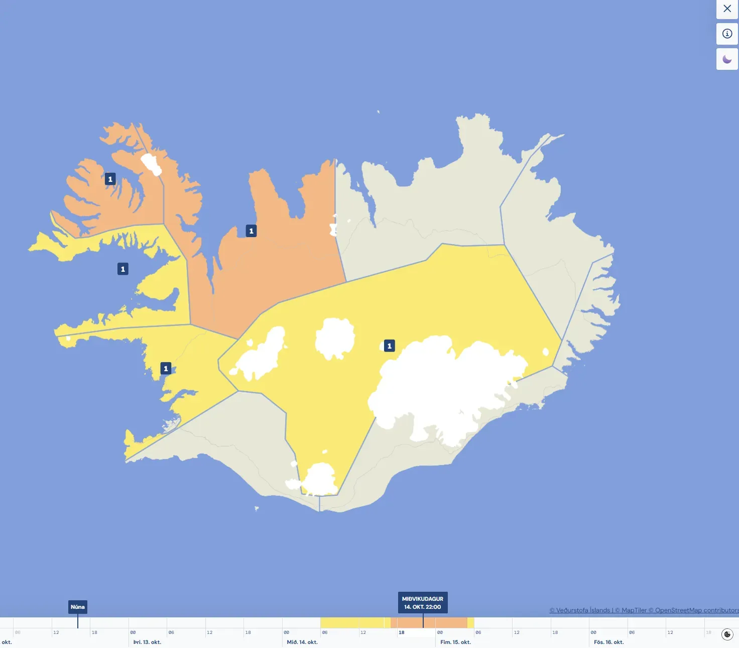 Viðvörunarkort fyrir miðvikudaginn 14. október kl. 22.00. Appelsínugular viðvaranir á Vestfjörðum og Norðurlandi vestra og gular á Vesturlandi og Miðhálendinu. Valinn tími er merktur á tímalínu neðst.